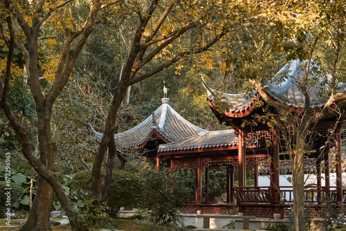 Scenic view of a traditional Asian alcove in a park