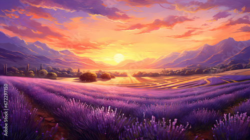  a painting of a lavender field with the sun setting in the background. generative ai