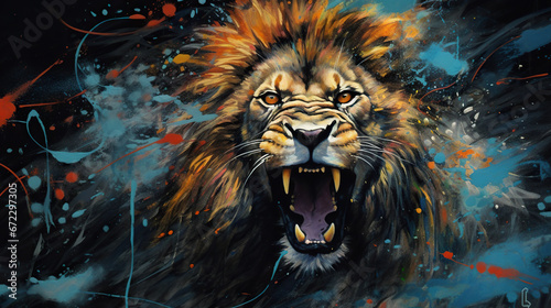  a painting of a lion with its mouth open and it s mouth wide open.  generative ai