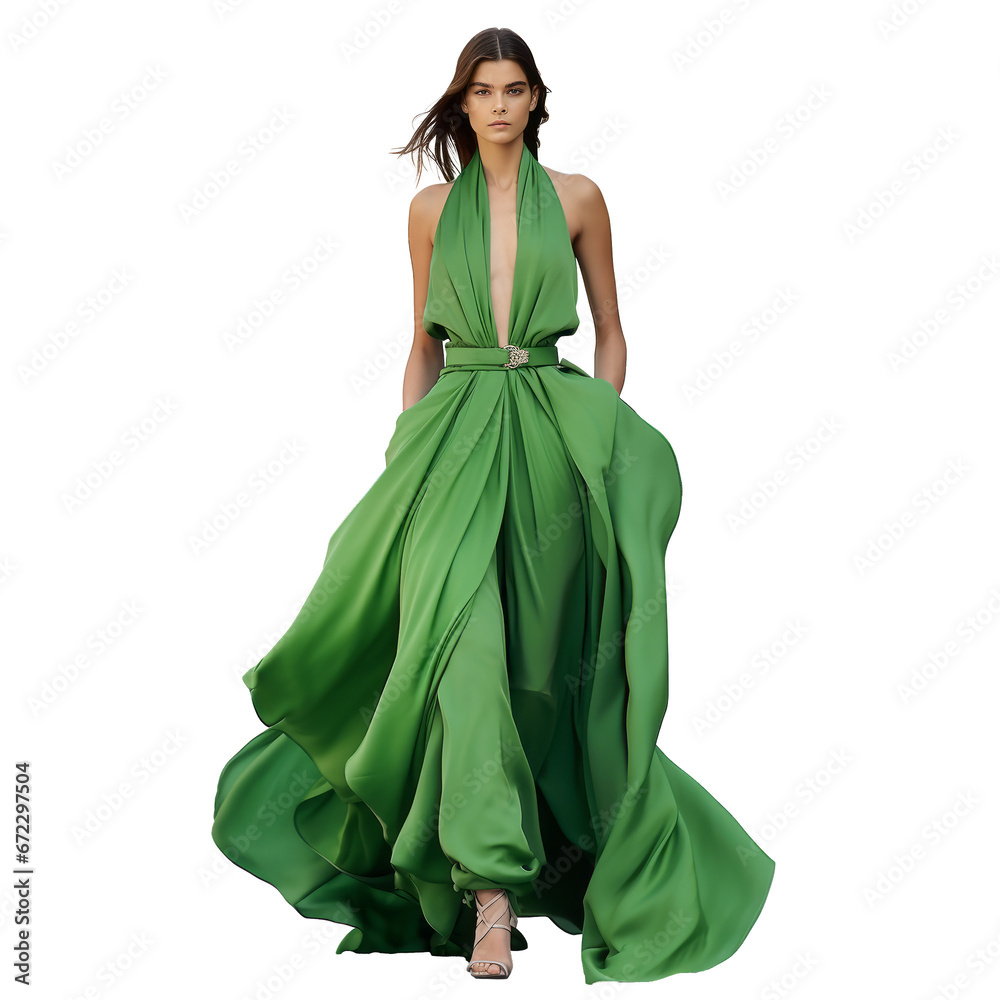 Portrait of stylish model in green dress on a white transparent background. Fashion show