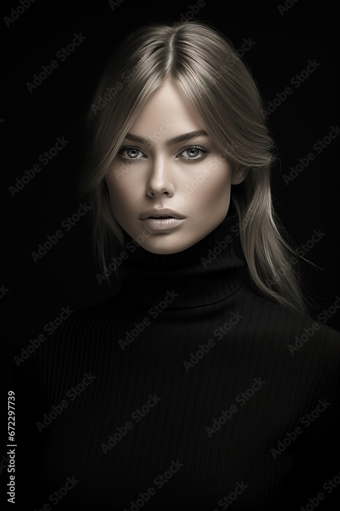 A Professional Photo of an Attractive Blonde and Green Eyed Model In Black clothing on a Black Background.