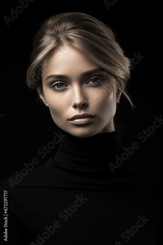 A Professional Photo of an Attractive Blonde and Green Eyed Model In Black clothing on a Black Background.
