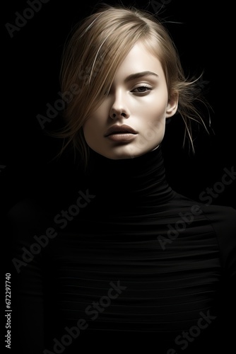 A Professional Photo of an Attractive Blonde and Green Eyed Model In Black clothing on a Black Background.