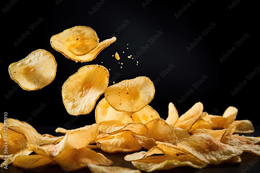 Close up of Thin-Cut Deep-Fried Mouthwatering Irresistible Chips. Macro Shot of a Heap of Tempting Savory and Addictive Fries. Close up of Thin-Cut Deep-Fried Mouthwatering Irresistible Chips. Macro Shot of a Heap of Tempting Savory and Addictive Fries.