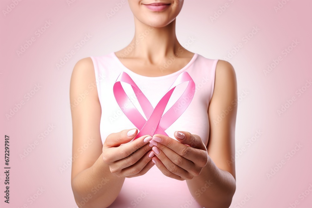 Woman Making a Pink Ribbon for Breast Cancer Awareness Woman Making a Pink Ribbon for Breast Cancer Awareness