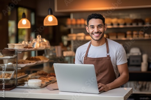 Dedicated Barista Working on Laptop in Cozy Coffee Shop