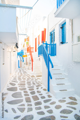 Mykonos, Greece. Wiew of whitewashed cycladic street in beautiful Mykonos town, Cyclades Greek Islands. © Kyrenian