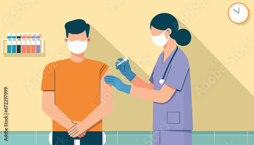 Doctor with medium brown skin vaccinating light-skinned patient in warm vector setting.
