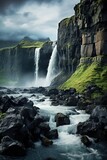 Professional Shot of Iceland Tall Waterfall Connected to a River in a Sunny and Cloudy day . Photo of Waterfalls Next to a Little Grass.