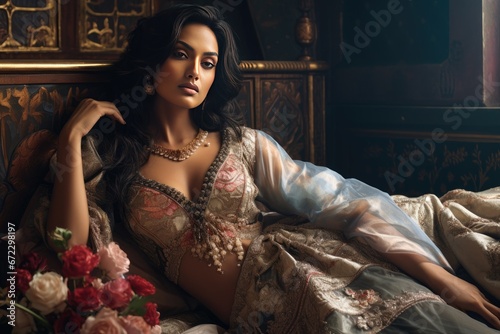 Gorgeous brunette arab woman in traditional boudoir style clothes