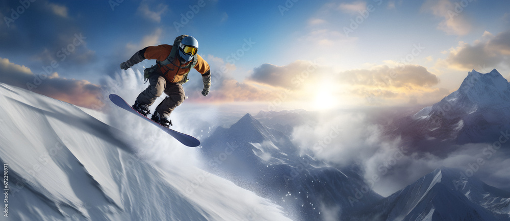 enjoying snowboarding, Concept travel ski, Snowboarder jumping, ski resort, winter landscape, Mountain ski resort, Snow sports , snow mountains, Frosty winter view, concept rest, theme recreation