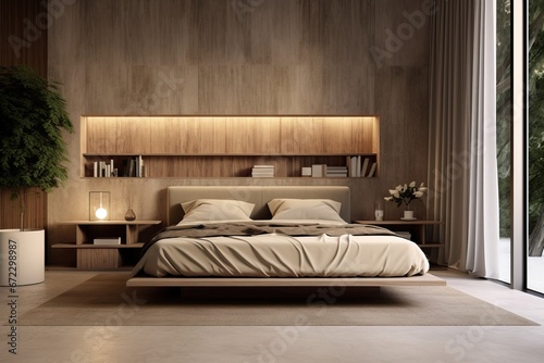 Professional Photo of a Luxury Wooden Bedroom illuminated with Sunlight coming from a Window. Modern Lighting System.