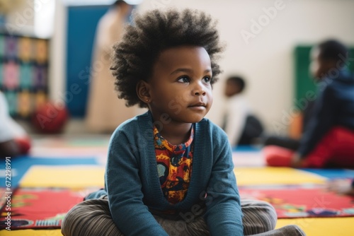 A black-skinned preschooler girl participating in a group circle time in kindergarten, sitting on a colorful mat and listening.  photo
