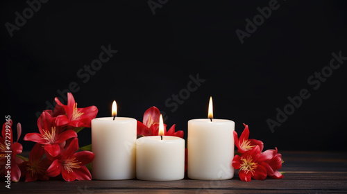 candles with red flowers on black background, generative ai
