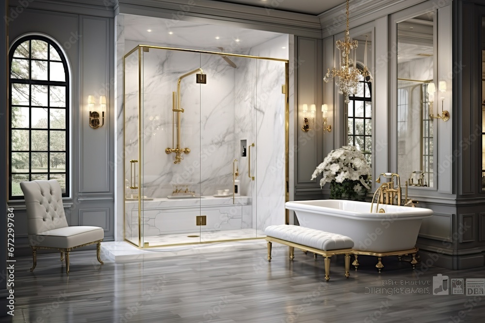 White Luxury Bathroom Illuminated with Sunlight coming from a Window next to a Bath tub. White Luxury Bathroom Illuminated with Sunlight coming from a Window next to a Bath tub.