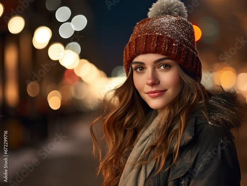 Woman with Long Curly Brown Hair Hat and Scarf in the middle of the Street at Night in a cold day of Autumn.