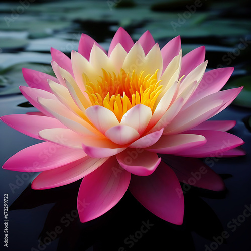 A pink and yellow lotus flower in a pond Created with generative ai