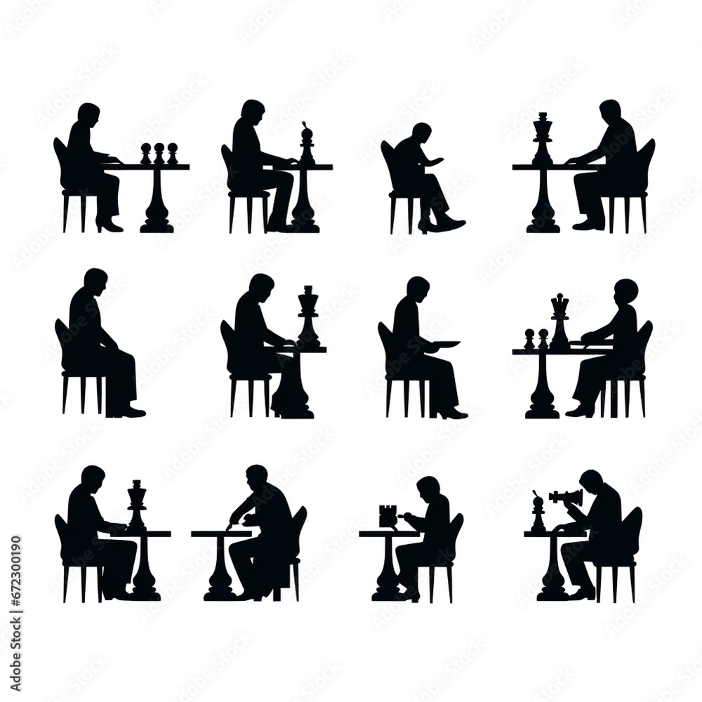 icon, people playing chess, stick figure isolated pictogram, simple black silhouette, made with generative ai