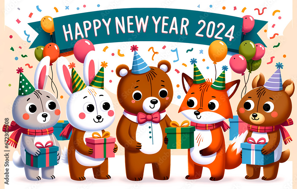 happy new year card with animals , Generative AI happy new year card with animals , Generative AI