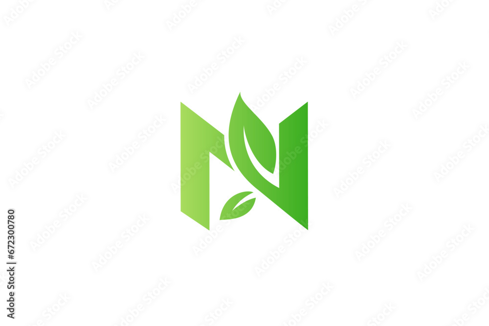 Initial N logo with green leaf combination Initial N logo with green leaf combination