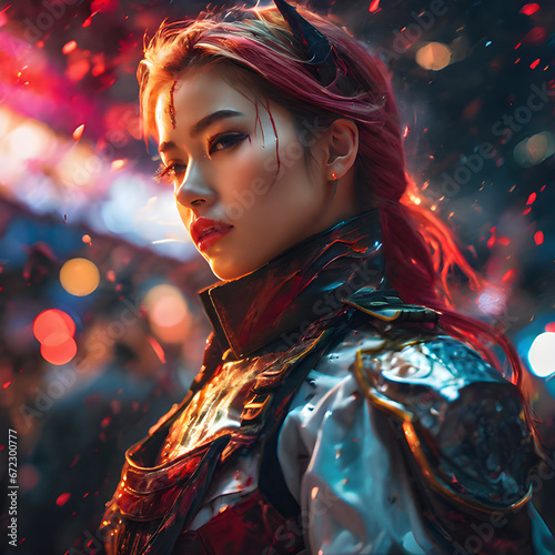 A girl in a military uniform against the background of smoke, sparks, fires