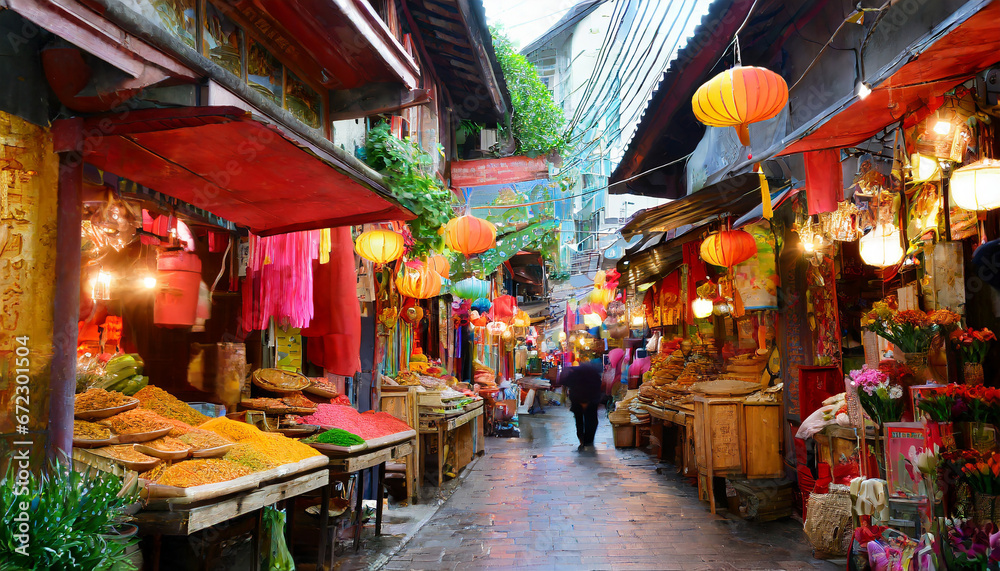 Fototapeta premium Vibrant Market in an Asian Alley