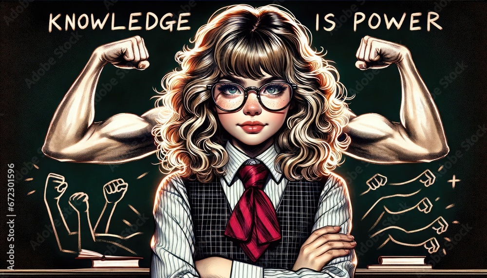 Knowledge Is Strength Young girl with glasses stands confidently in front of a chalkboard ...