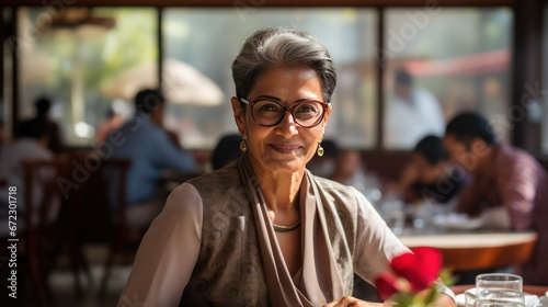 Indian Woman Female Sitting in Restaurant at Lunch Looking at Camera, Smiling with Glasses, Middle Aged Business Woman photo