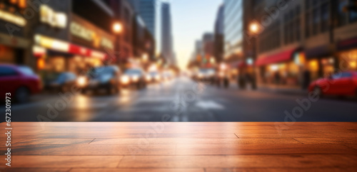 Generative AI, Empty wooden table top with blur background of a busy street, big city © DELstudio