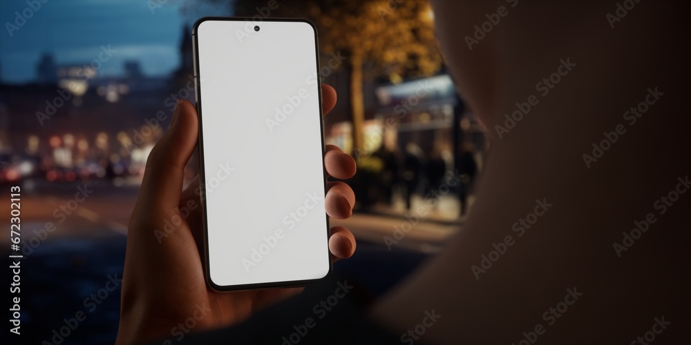CU Caucasian male using his phone in the street, evening, blank screen mockup