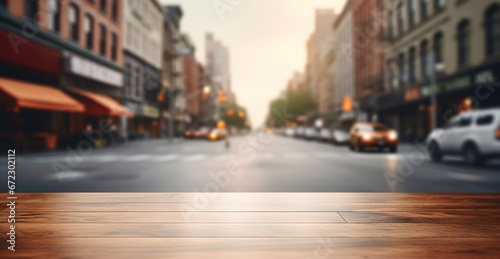 Generative AI  Empty wooden table top with blur background of a busy street  big city