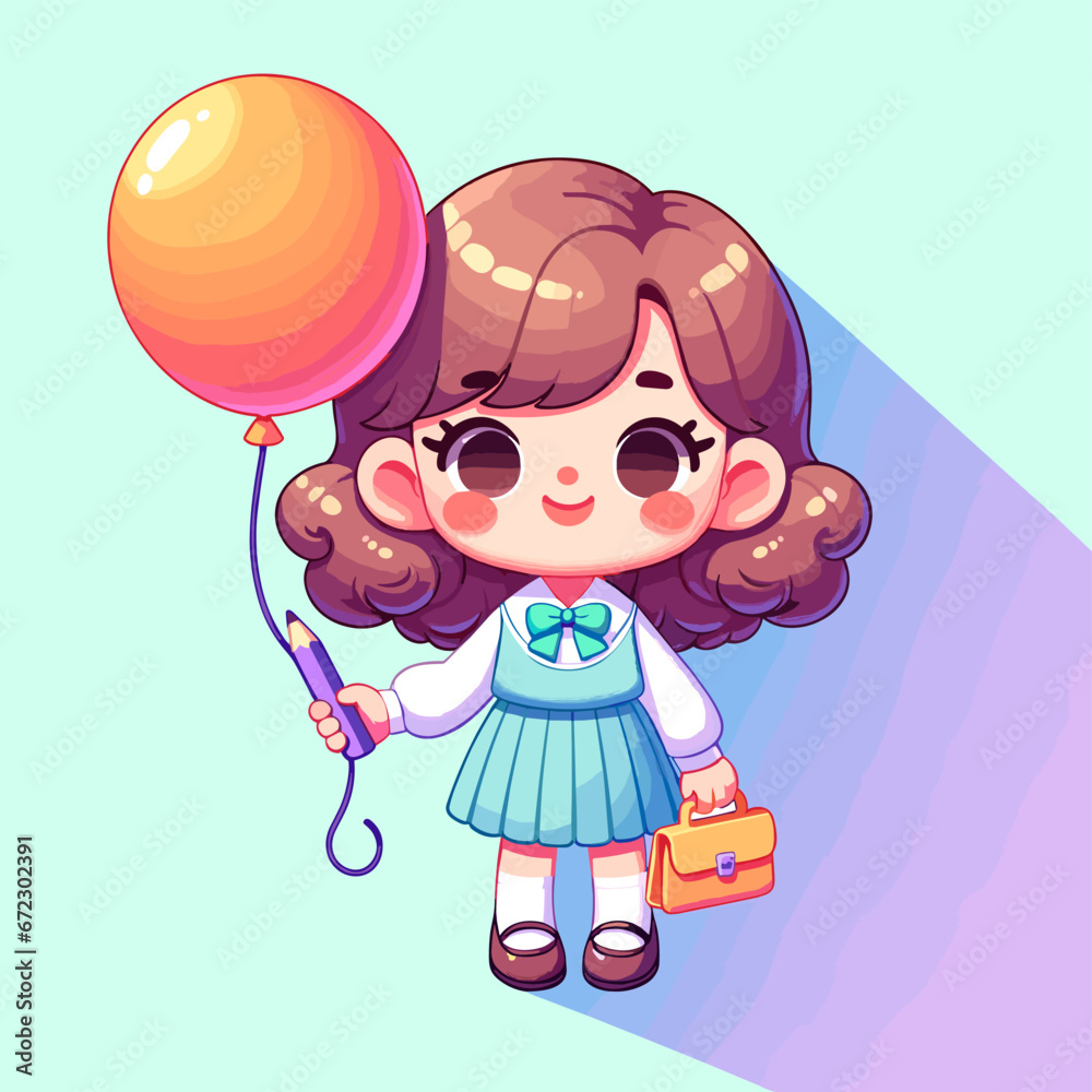 Fototapeta premium Schoolgirl with Orange Balloon and Pencil Case Vector Design
