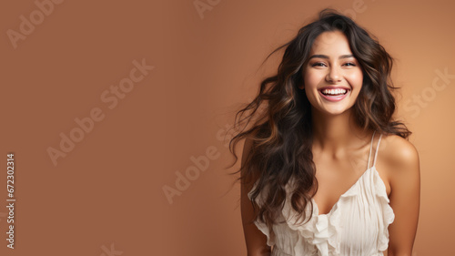 Indian woman model wear white sundress isolated on pastel background photo