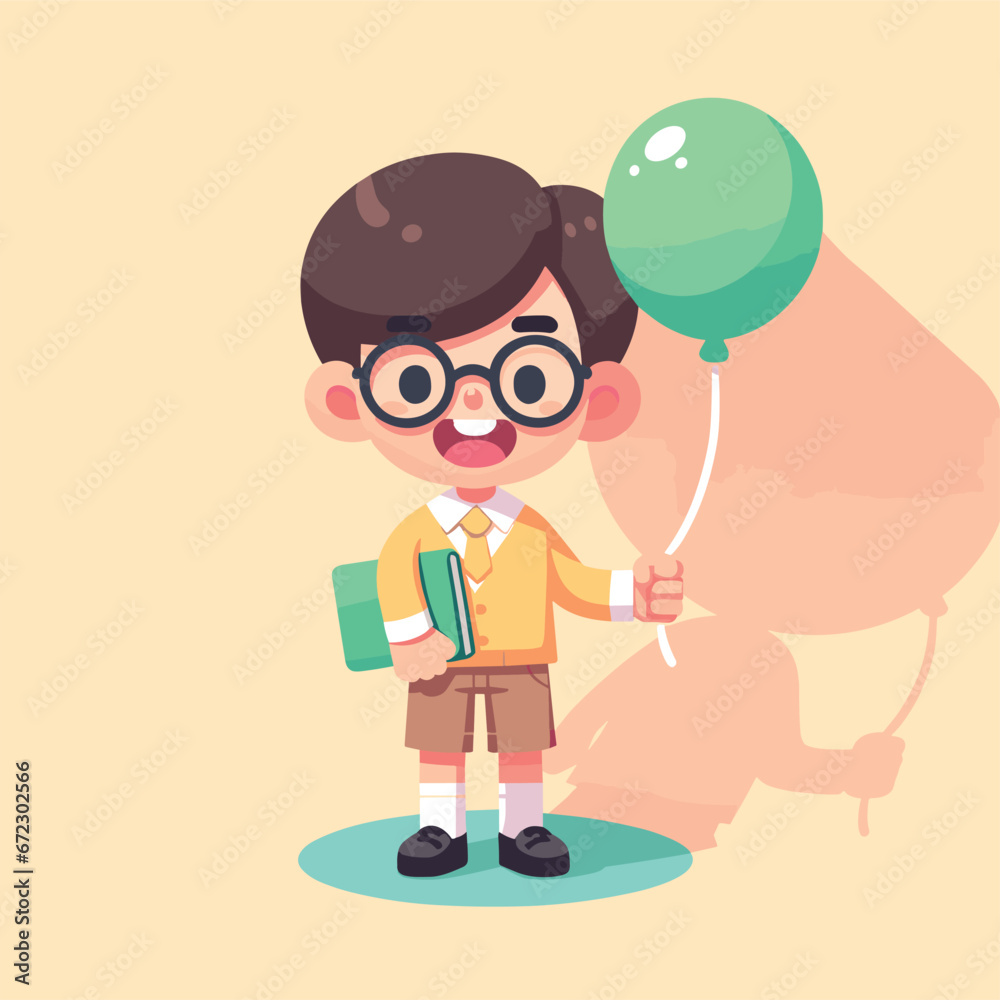 Schoolboy with Green Balloon and Notebook Vector Illustration