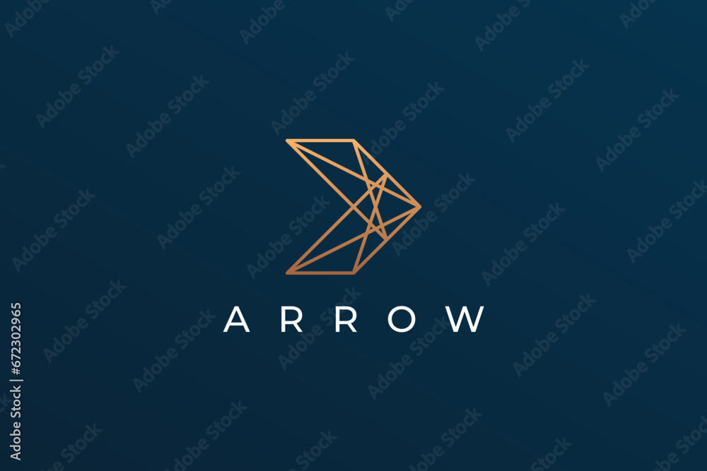 Arrow Logo Image. Gold Geometric Line Arrow Shape isolated on Blue Background. Flat Vector Logo Design Template Element for Business and Technology Logos. - obrazy, fototapety, plakaty 