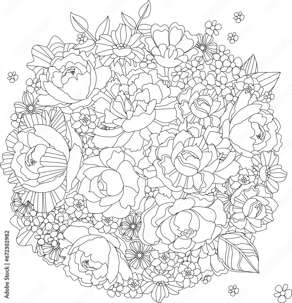 Fototapeta premium round arrangement of flowers and leaves. coloring book page for