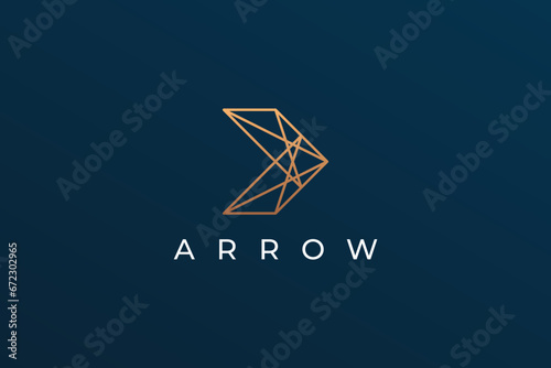 Arrow Logo Image. Gold Geometric Line Arrow Shape isolated on Blue Background. Flat Vector Logo Design Template Element for Business and Technology Logos. photo