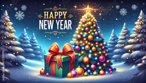 Christmas card with Christmas tree and big gift box , generative ai