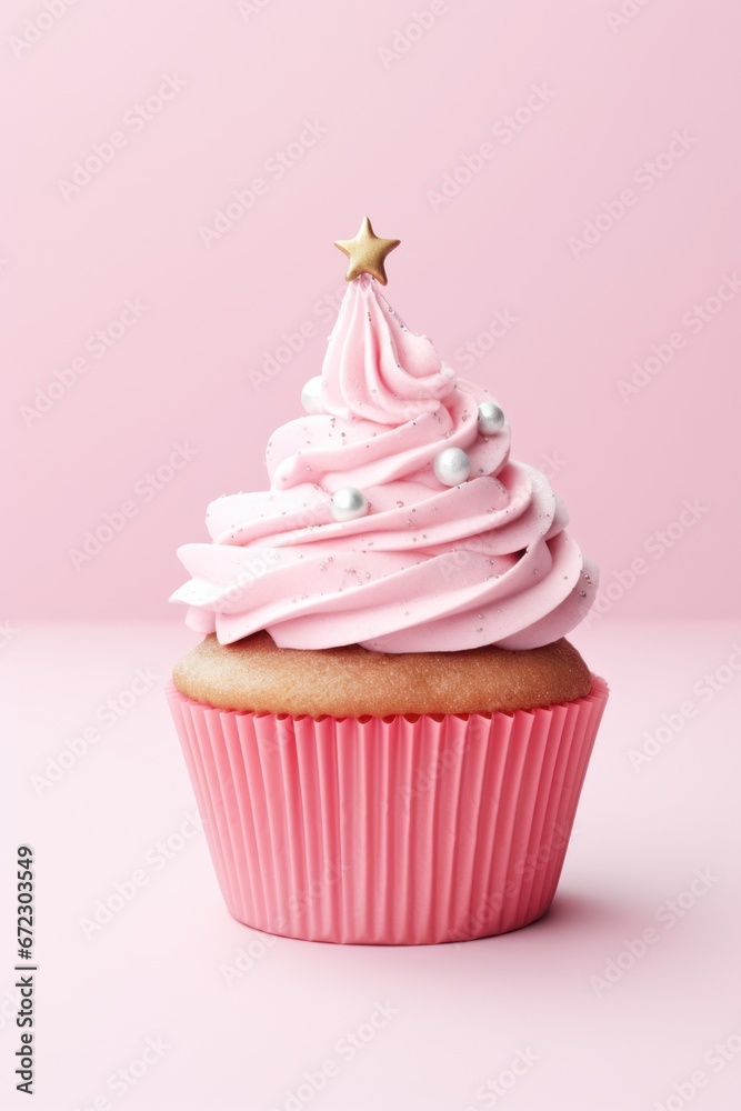 Christmas pink cupcake or muffin with whipped cream, sprinkles and gold star on pastel pink background. Xmas homemade dessert. Minimal style. Christmas pink cupcake or muffin with whipped cream, sprinkles and gold star on pastel pink background. Xmas homemade dessert. Minimal style.