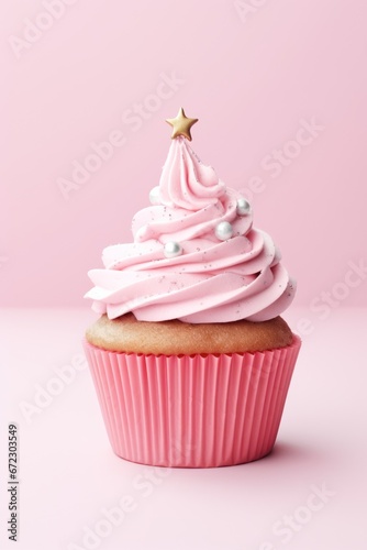 Christmas pink cupcake or muffin with whipped cream  sprinkles and gold star on pastel pink background. Xmas homemade dessert. Minimal style.