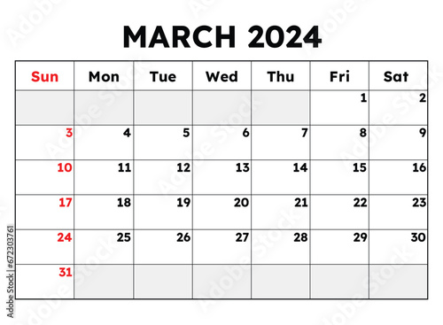 March 2024 calendar. Vector illustration. Monthly planning for your business events