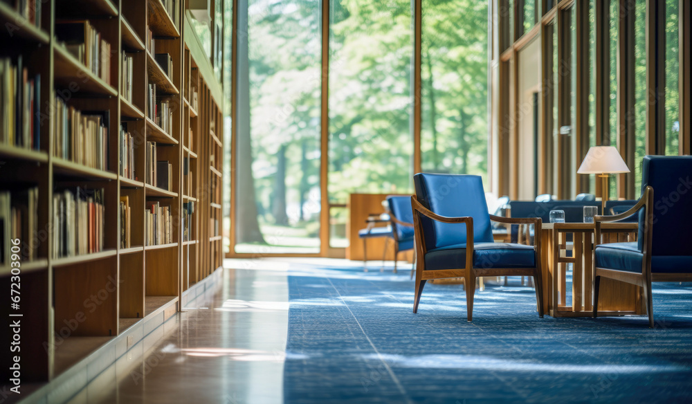 Library with blue chairs and blue book piles.