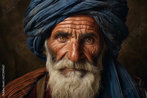 AI generated illustration of a senior Afghani man with white facial hair and a traditional turban photo