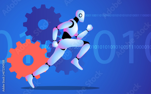 Robot in motion  set against a backdrop of spinning cogwheels and binary code  represents the rapid pace of AI learning and its quest to attain human insights