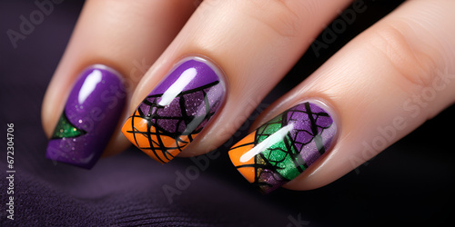 female legs with manicure , Purple geometric nail art manicure on female fingers, Beautiful female hands with manicure close-up, modern stylish nail design with butterflies, generative AI 