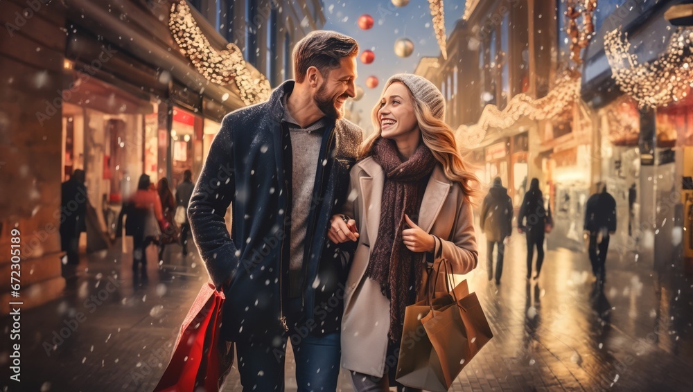 A festive couple captured on an urban street during the joyful Christmas holiday season
