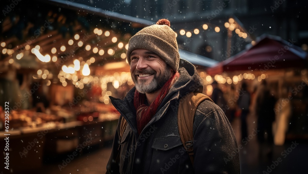 A bearded man in a Santa hat strolls through festively decorated streets, spreading holiday cheer A bearded man in a Santa hat strolls through festively decorated streets, spreading holiday cheer