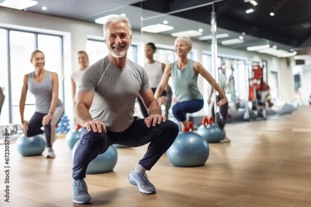 An active group of older individuals engage in exercises in a modern gym, promoting health and vitality An active group of older individuals engage in exercises in a modern gym, promoting health and vitality