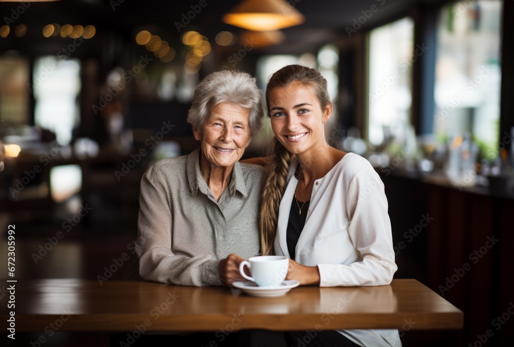 An older woman and her daughter share coffee and conversation in a cozy cafe, cherishing precious family moments