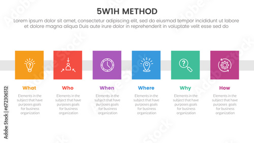 5W1H problem solving method infographic 6 point stage template with square box on horizontal line direction for slide presentation